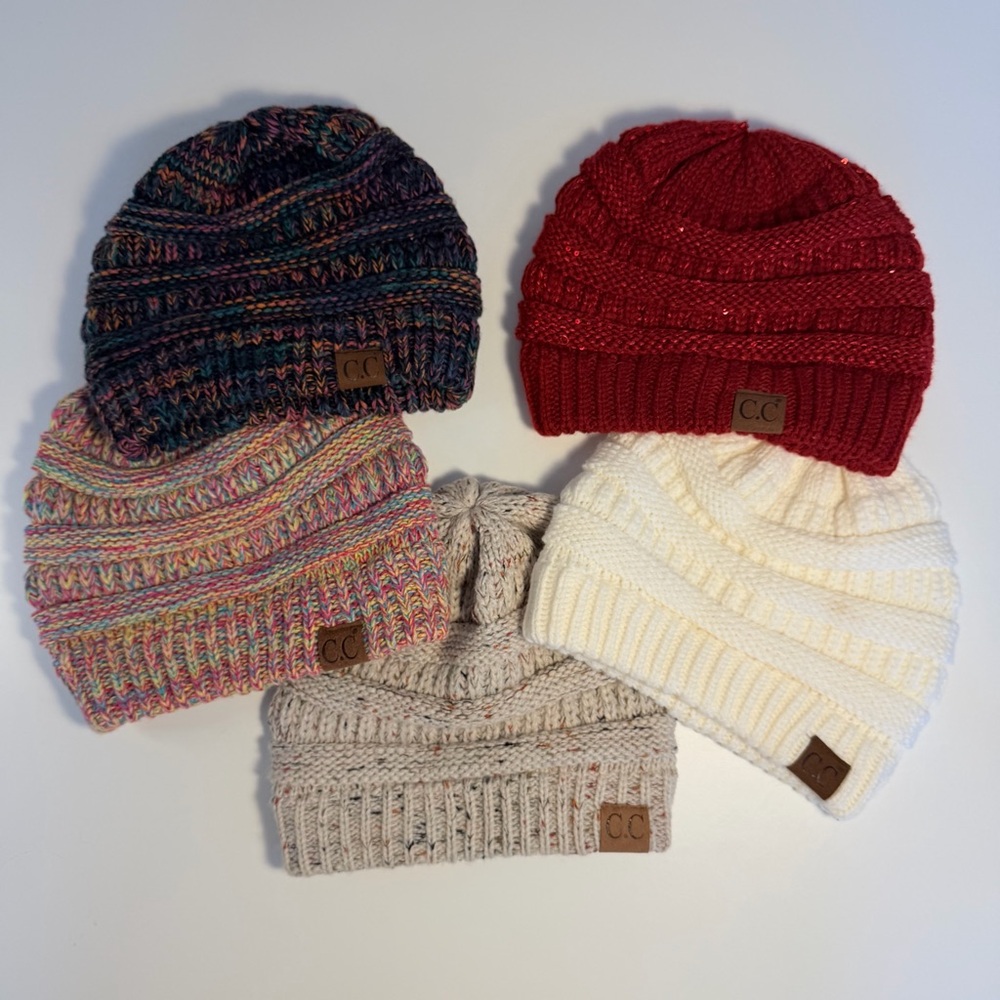 Lot of 5 CC Beanie Knit Winter Hats Red Sequins Cream Multicolor Back Pink EUC